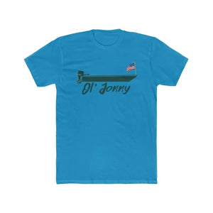 Blue premium fit soft cotton t-shirt with "Ol' Jonny" boat design and American flag.