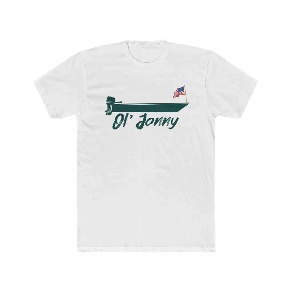 Light blue premium fit Ol' Jonny American hero t-shirt with a dark green boat and US flag graphic.