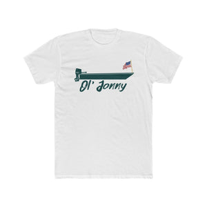 White premium fit cotton t-shirt with a green boat graphic, "Ol' Jonny" text, and an American flag.