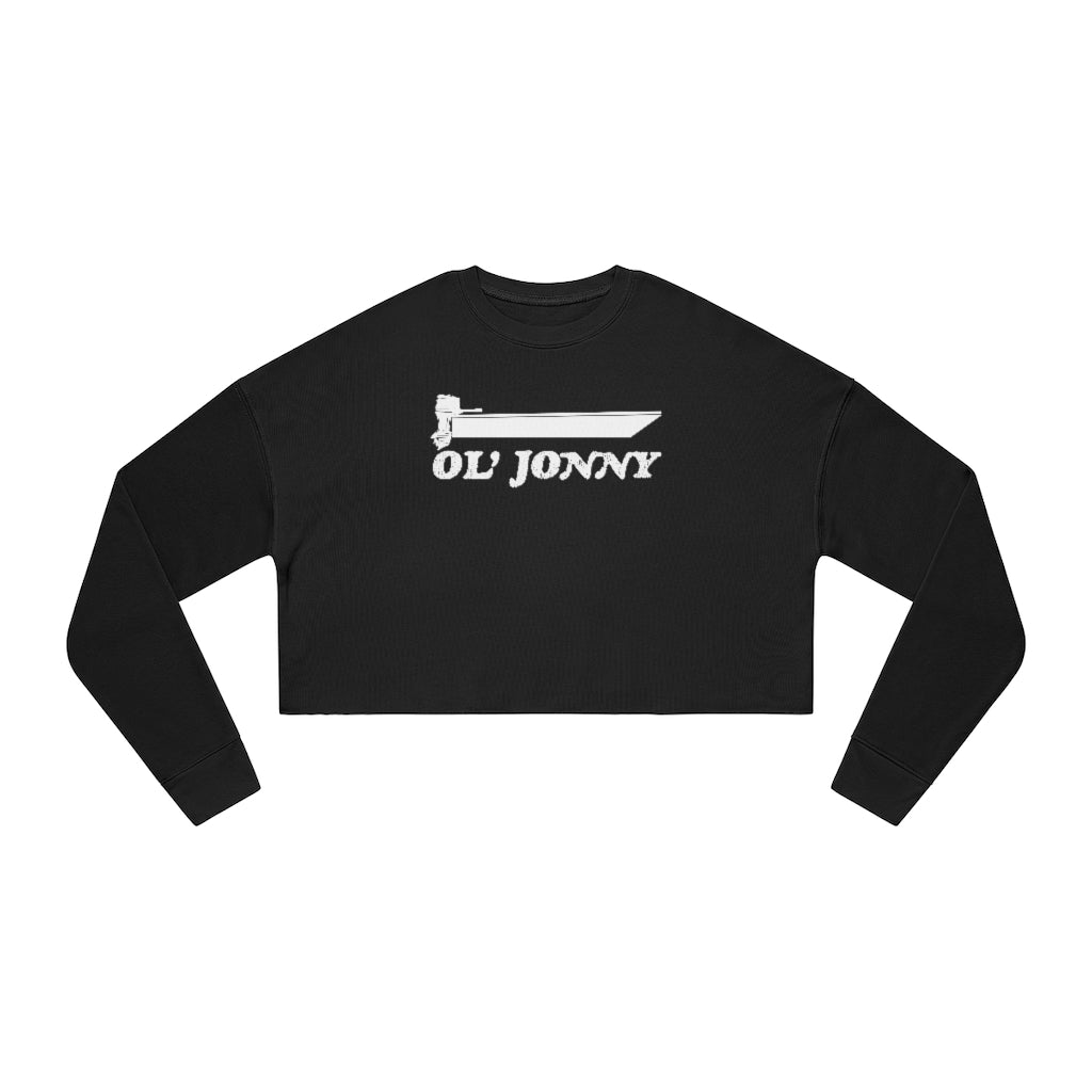 Black Ol' Jonny cropped sweatshirt with white boat graphic, relaxed fit, and drop-shoulder seam.