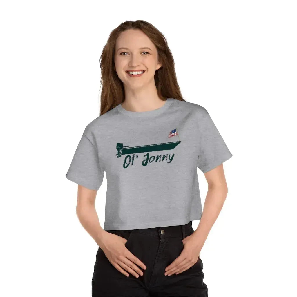 Gray Champion cropped t-shirt with "Ol' Jonny" boat graphic and American flag, "C" logo on sleeve.