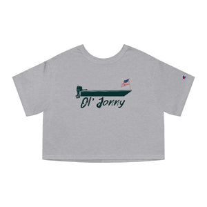 Gray Champion cropped t-shirt with "Ol' Jonny" boat graphic and American flag, "C" logo on sleeve.