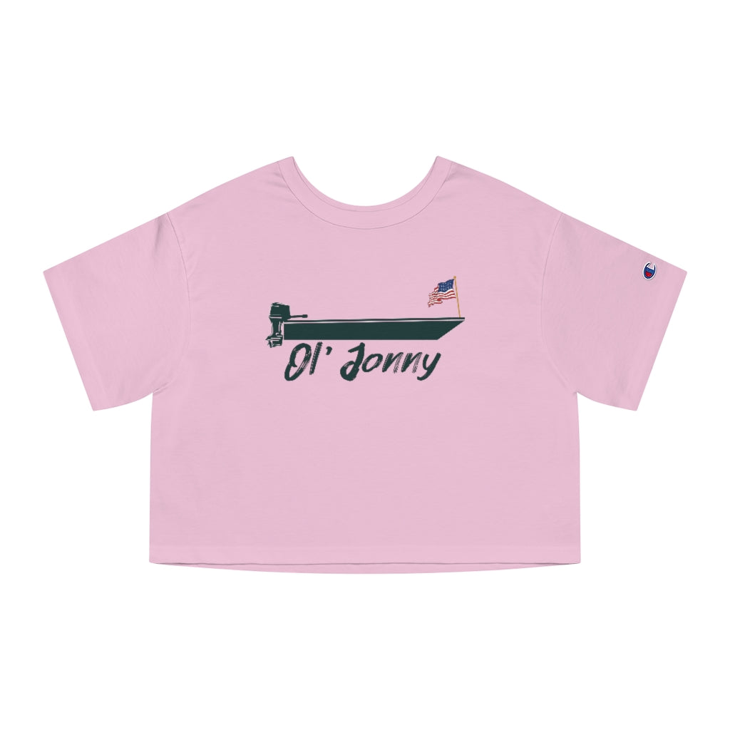 Pink Champion Heritage cropped t-shirt with "Ol' Jonny" boat graphic and American flag, "C" logo on left sleeve.