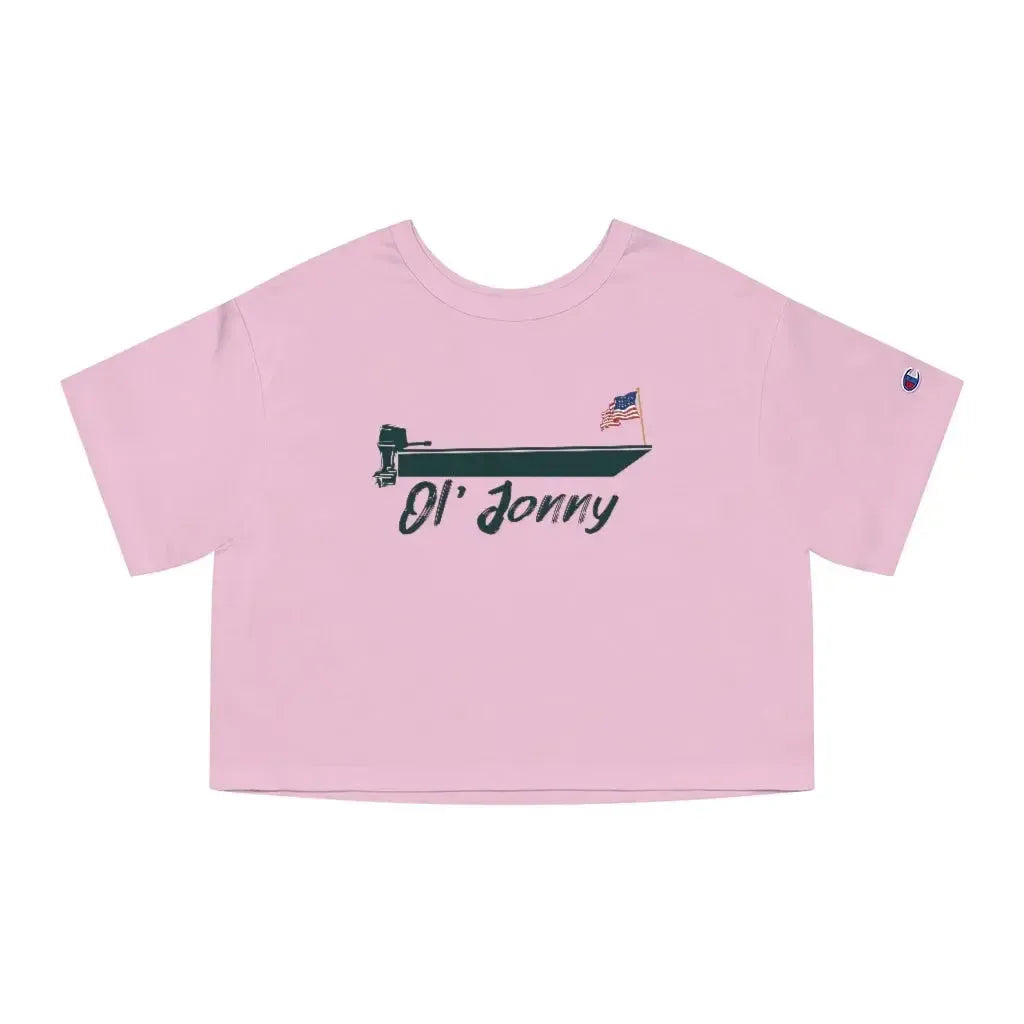 Pink Champion Heritage cropped t-shirt with "Ol' Jonny" boat graphic and American flag, "C" logo on left sleeve.