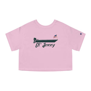Pink Champion Heritage cropped t-shirt with "Ol' Jonny" boat graphic and American flag, "C" logo on left sleeve.