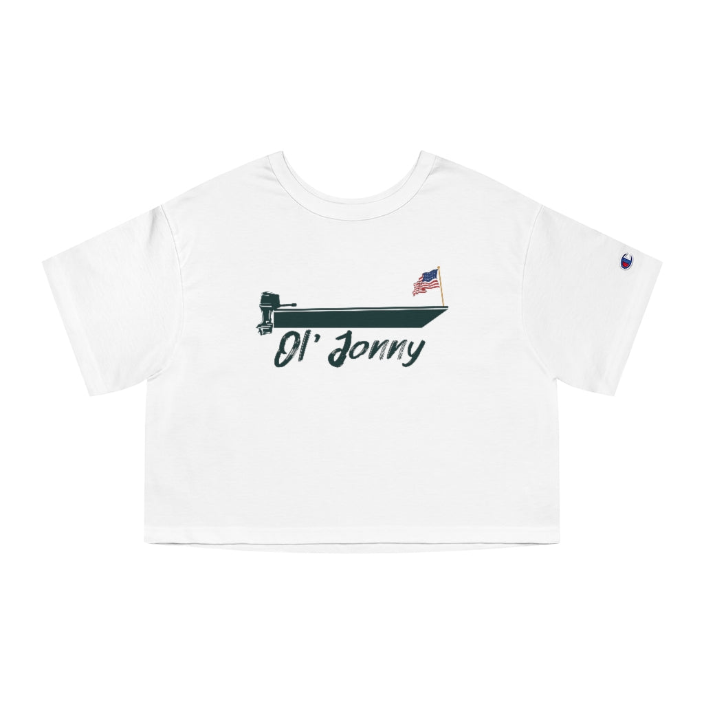 White Champion cropped t-shirt with "Ol' Jonny" boat graphic and American flag, "C" logo on sleeve.
