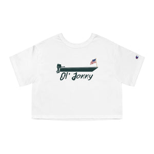 White Champion cropped t-shirt with "Ol' Jonny" boat graphic and American flag, "C" logo on sleeve.
