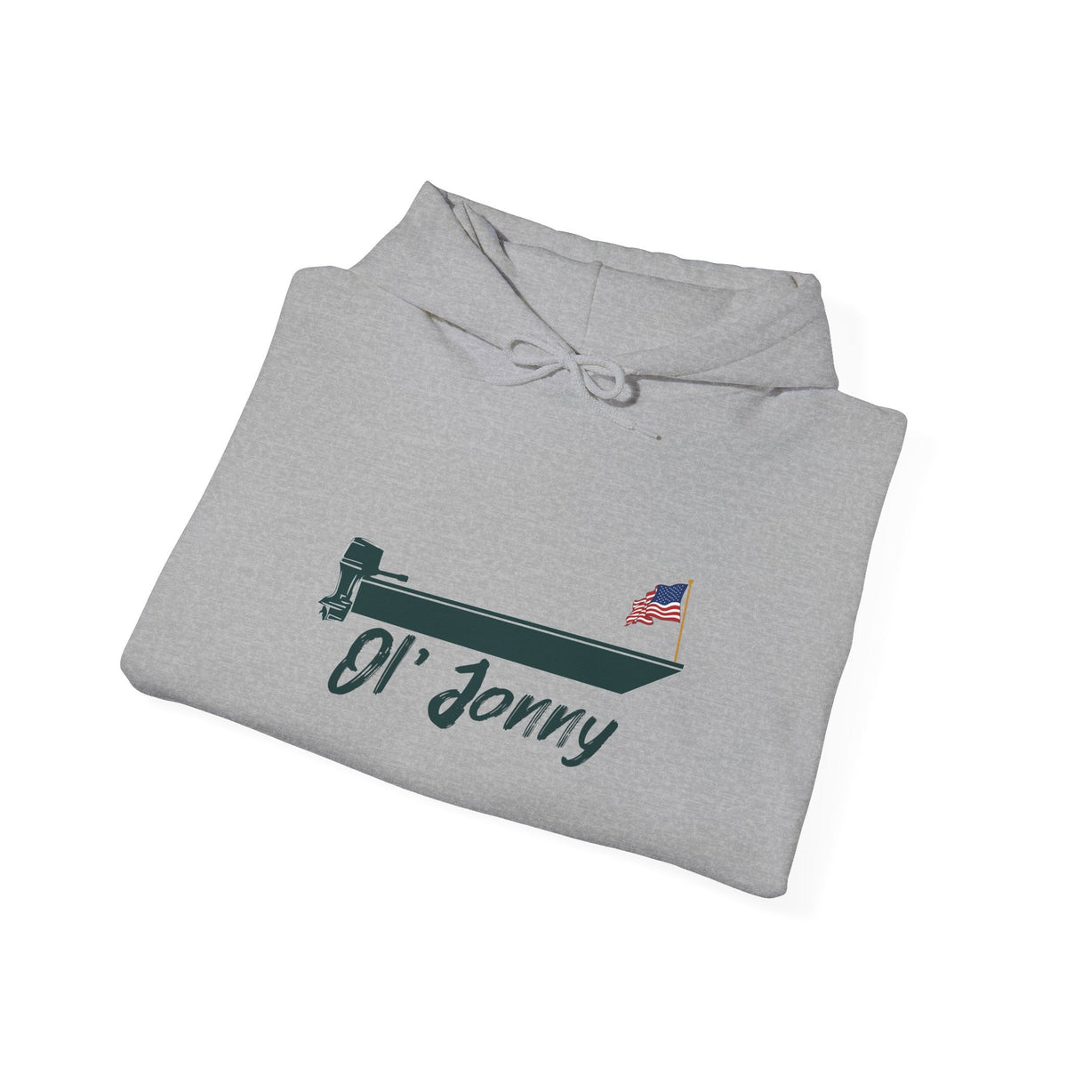 Light grey Ol' Jonny Hoodie, folded, with a dark green boat graphic and American flag.
