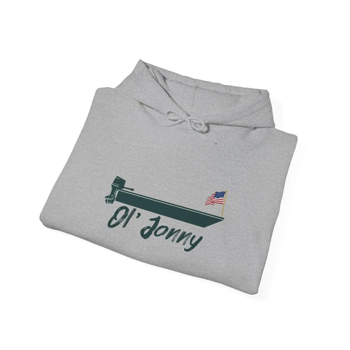 Light grey Ol' Jonny Hoodie, folded, with a dark green boat graphic and American flag.