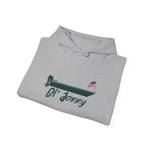 Light grey Ol' Jonny Hoodie, folded, with a dark green boat graphic and American flag.