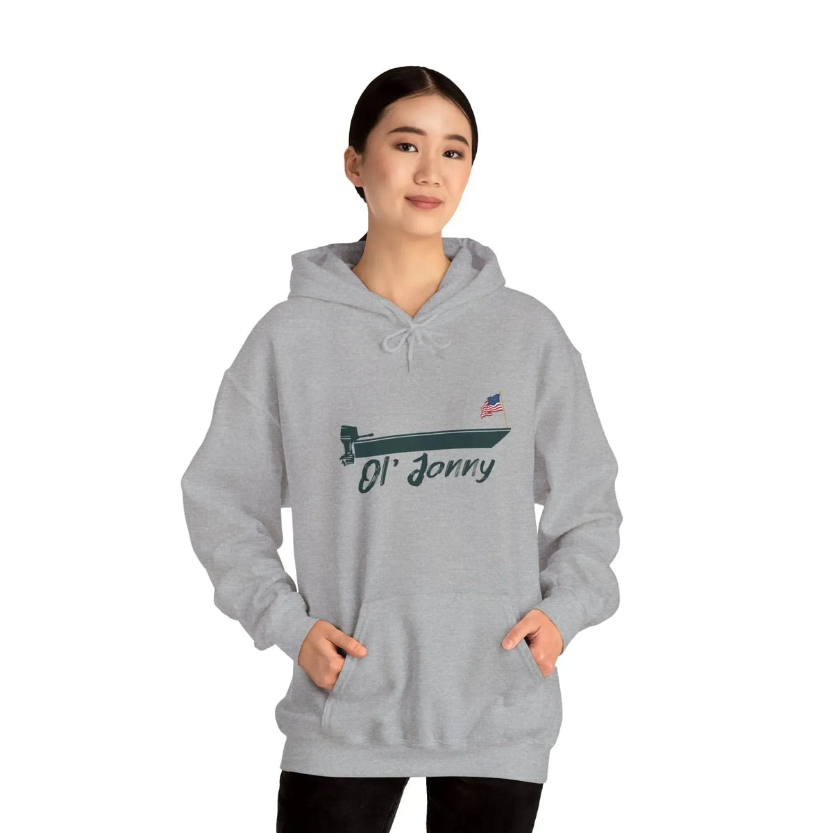 Woman wearing a light gray Ol' Jonny Hoodie with a boat graphic and American flag, featuring a kangaroo pocket.