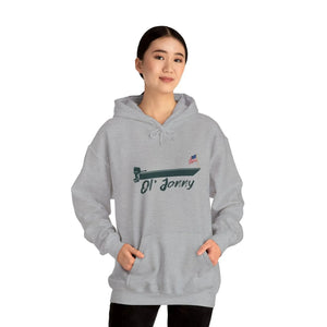 Woman wearing a light gray Ol' Jonny Hoodie with a boat graphic and American flag, featuring a kangaroo pocket.