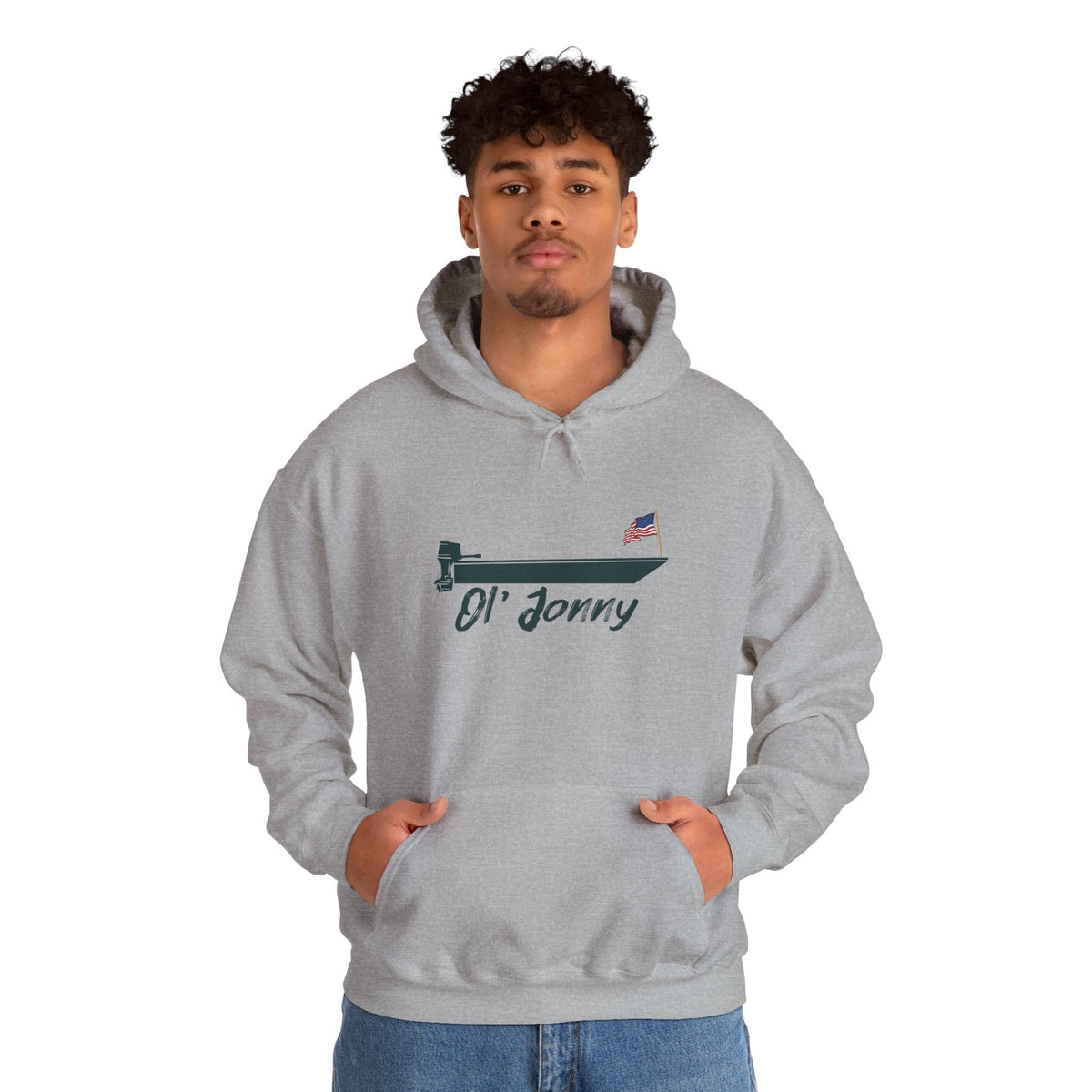 Young man wearing a light gray Ol' Jonny Hoodie with a boat graphic and American flag.