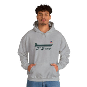Young man wearing a light gray Ol' Jonny Hoodie with a boat graphic and American flag.