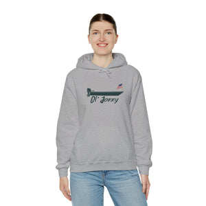 Woman wearing a gray Ol' Jonny Hoodie with a boat graphic and American flag, featuring a kangaroo pocket.