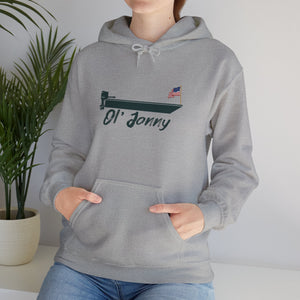 Gray Ol' Jonny Hoodie with a boat graphic and US flag, featuring a kangaroo pocket and drawstring hood.
