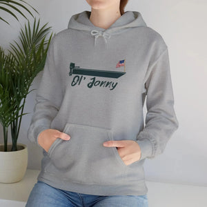 Gray Ol' Jonny Hoodie with a boat graphic and US flag, featuring a kangaroo pocket and drawstring hood.