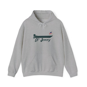 Light grey Ol' Jonny Hoodie with dark green boat graphic and American flag on the front.