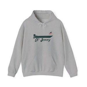 Light grey Ol' Jonny Hoodie with dark green boat graphic and American flag on the front.