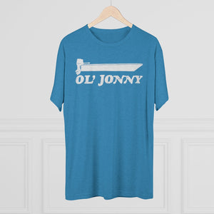 Blue tri-blend regular fit tee with white "Ol' Jonny" boat graphic.