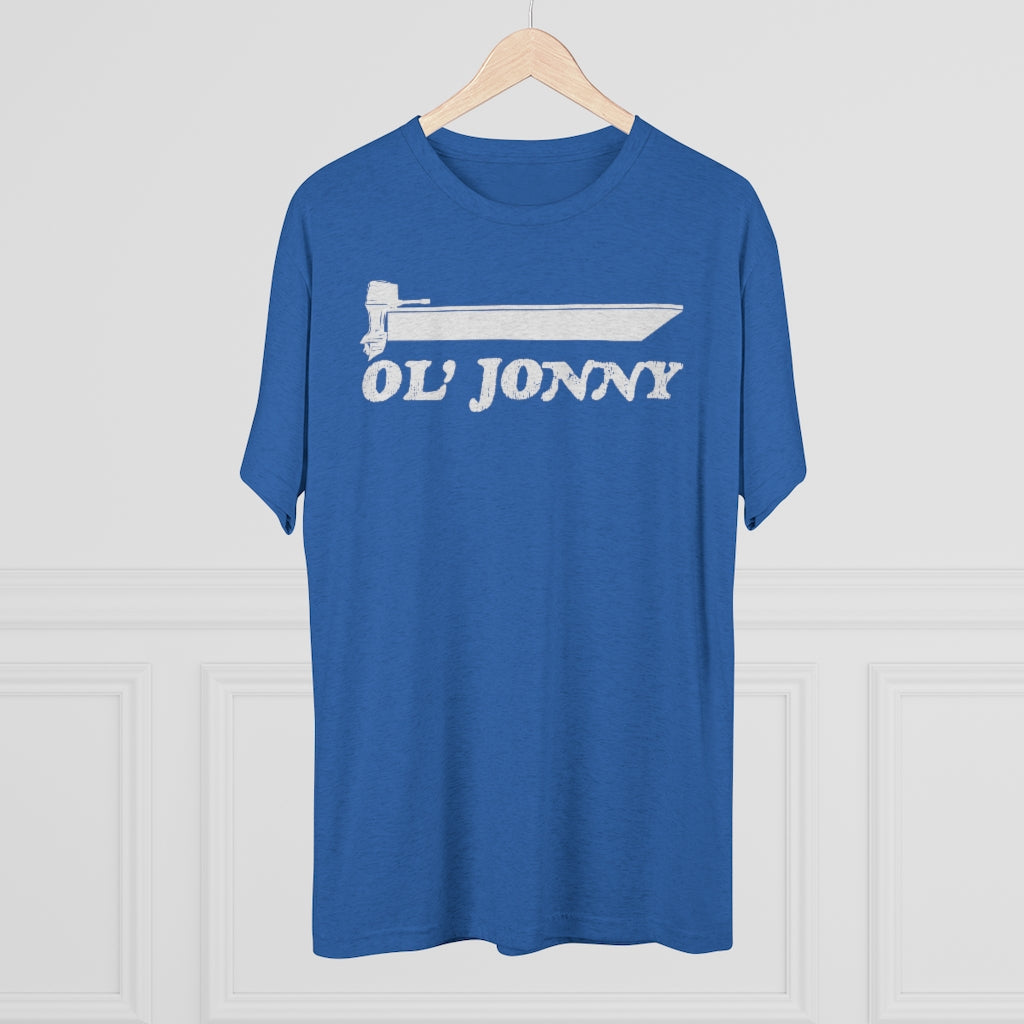 Blue tri-blend regular fit tee with white "Ol' Jonny" boat graphic.