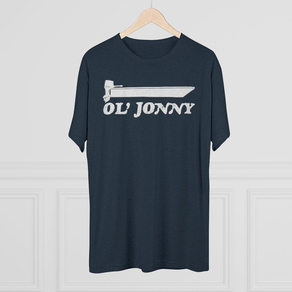 Navy tri-blend regular fit tee with white "Ol' Jonny" boat graphic.