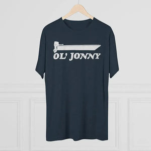 Navy tri-blend regular fit tee with white "Ol' Jonny" boat graphic.