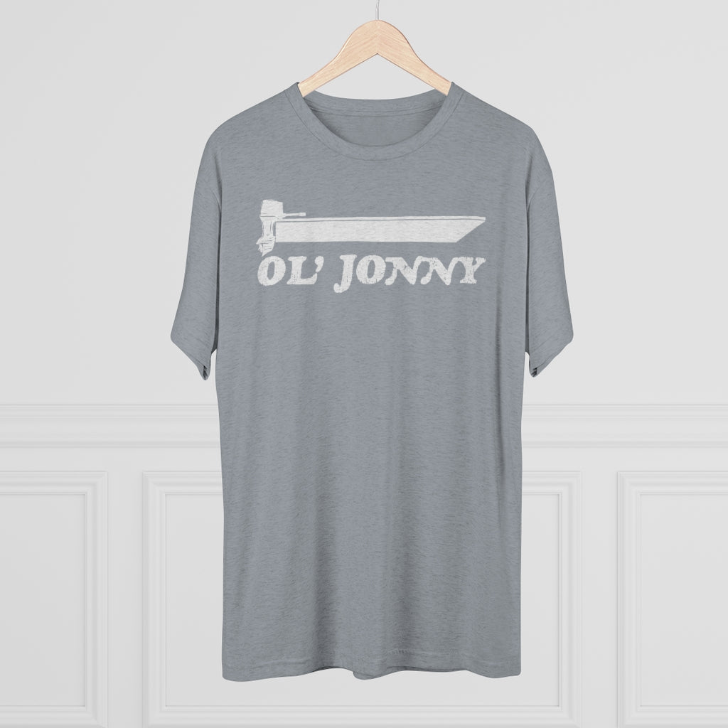 Heather grey tri-blend tee with "Ol' Jonny" text and boat graphic.