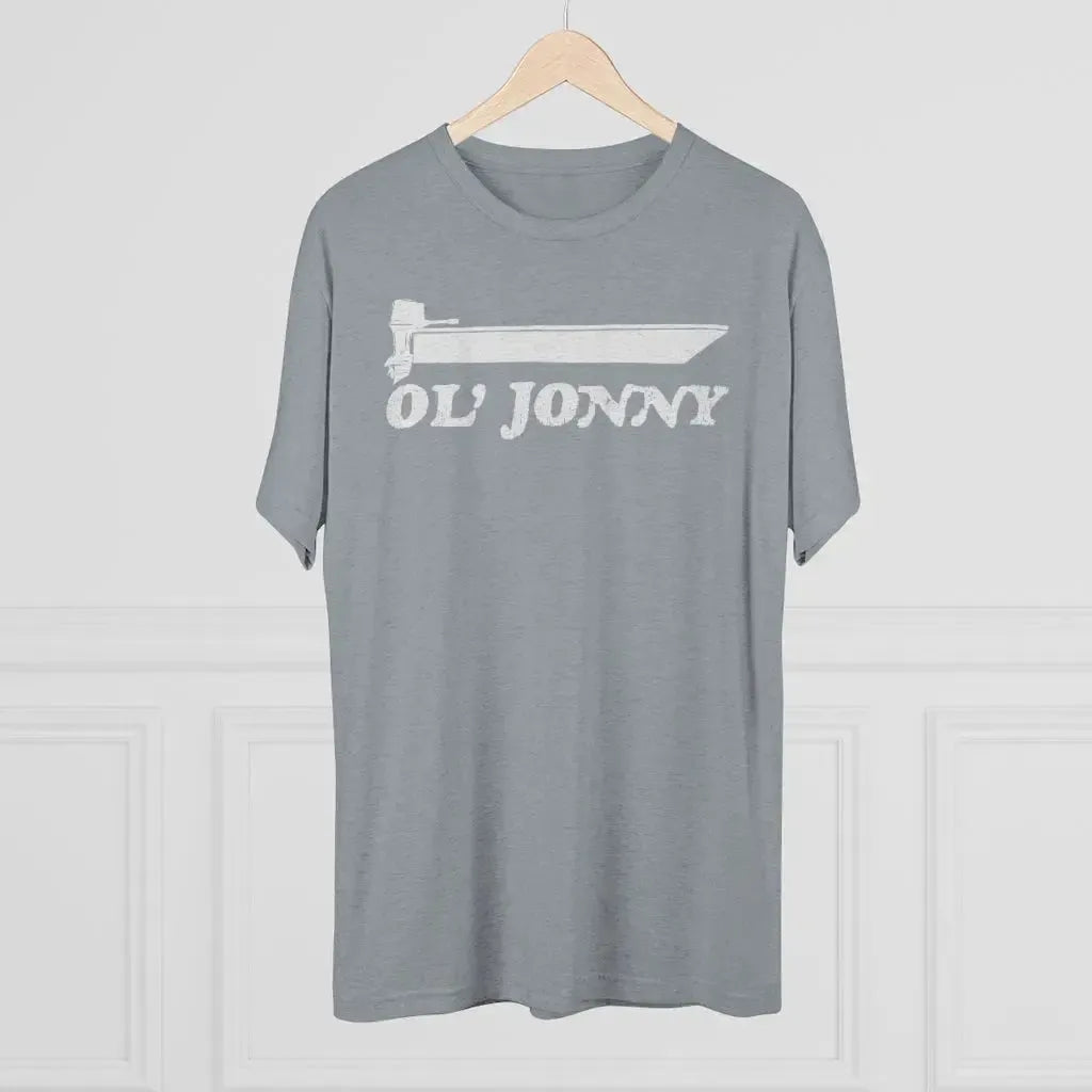 Heather grey tri-blend tee with "Ol' Jonny" text and boat graphic.