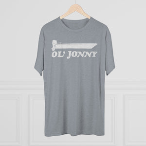 Heather grey tri-blend tee with "Ol' Jonny" text and boat graphic.