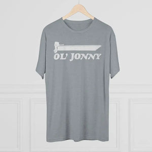 Heather grey tri-blend tee with "Ol' Jonny" text and boat graphic.