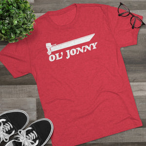Red tri-blend regular fit tee with white "Ol' Jonny" boat graphic.