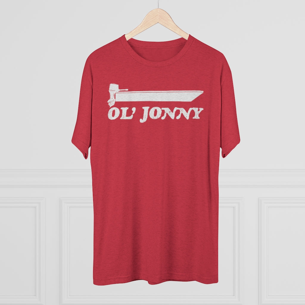 Red tri-blend tee with "Ol' Jonny" and a boat graphic in white, regular fit.