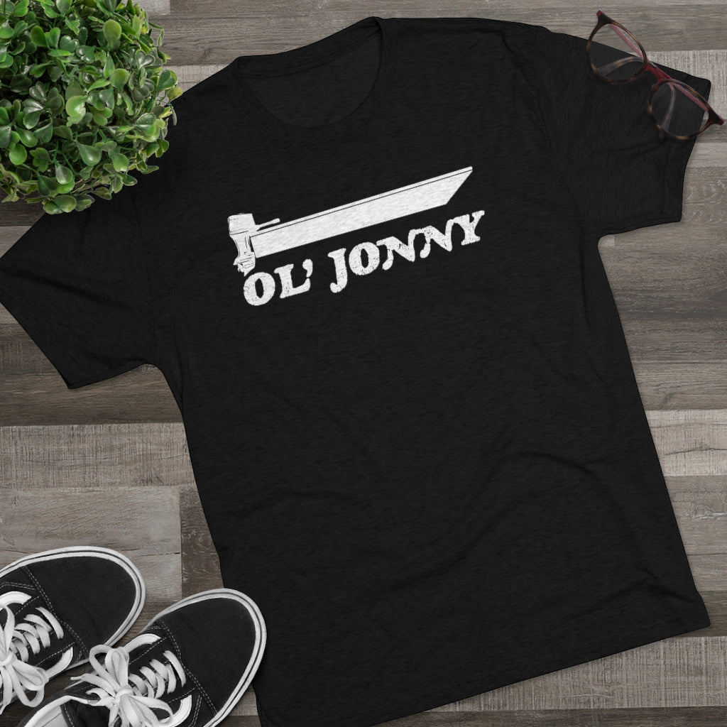 Black tri-blend regular fit tee with white "Ol' Jonny" boat graphic.