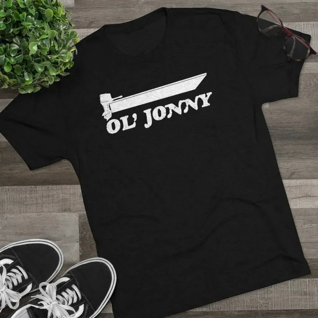 Black tri-blend regular fit tee with white "Ol' Jonny" boat graphic.