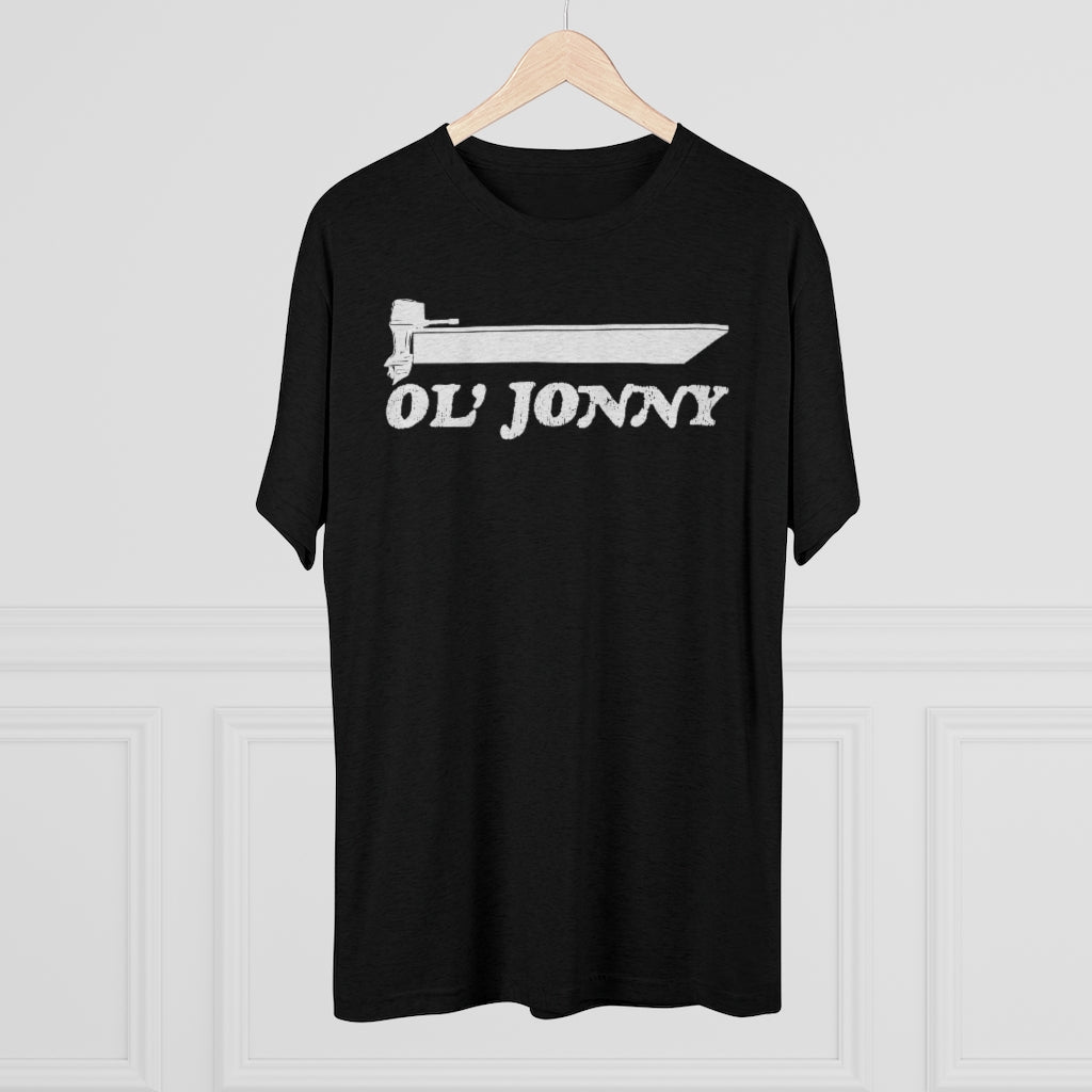 Black tri-blend regular fit tee with white "Ol' Jonny" boat graphic.