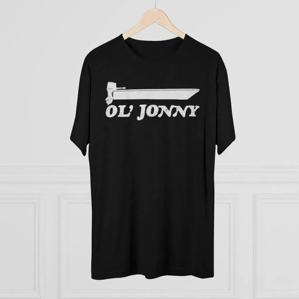 Black tri-blend regular fit tee with white "Ol' Jonny" boat graphic.