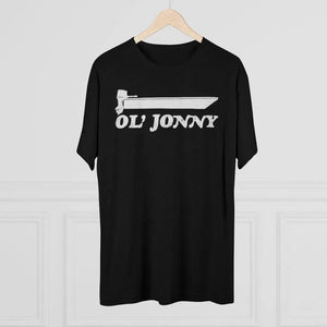 Black tri-blend regular fit tee with white "Ol' Jonny" boat graphic.