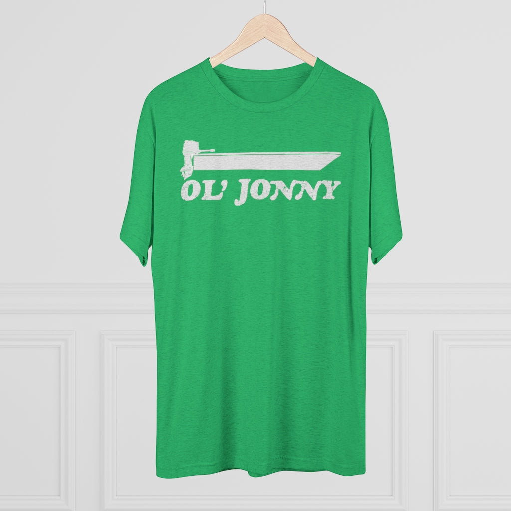Green tri-blend "Ol' Jonny" regular fit tee with white boat graphic.