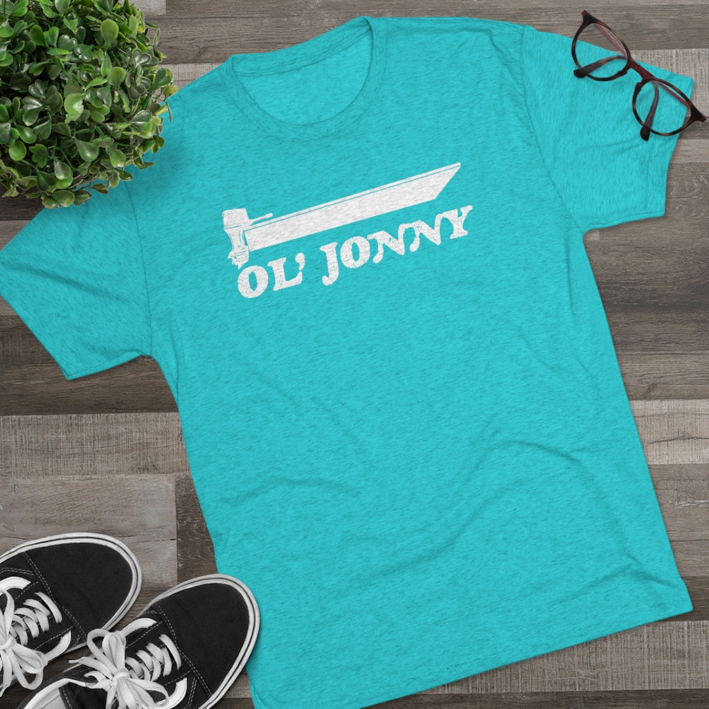 Teal tri-blend regular fit tee with white "Ol' Jonny" boat graphic.