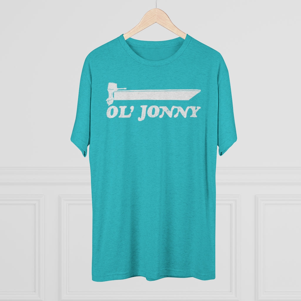 Teal tri-blend regular fit tee with white "Ol' Jonny" boat graphic.