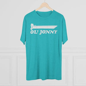 Teal tri-blend regular fit tee with white "Ol' Jonny" boat graphic.