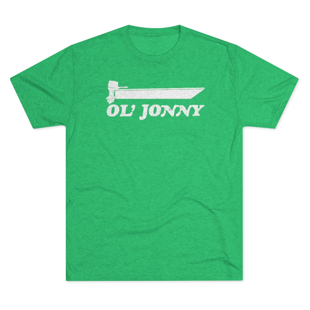Green tri-blend tee with white "Ol' Jonny" boat graphic.