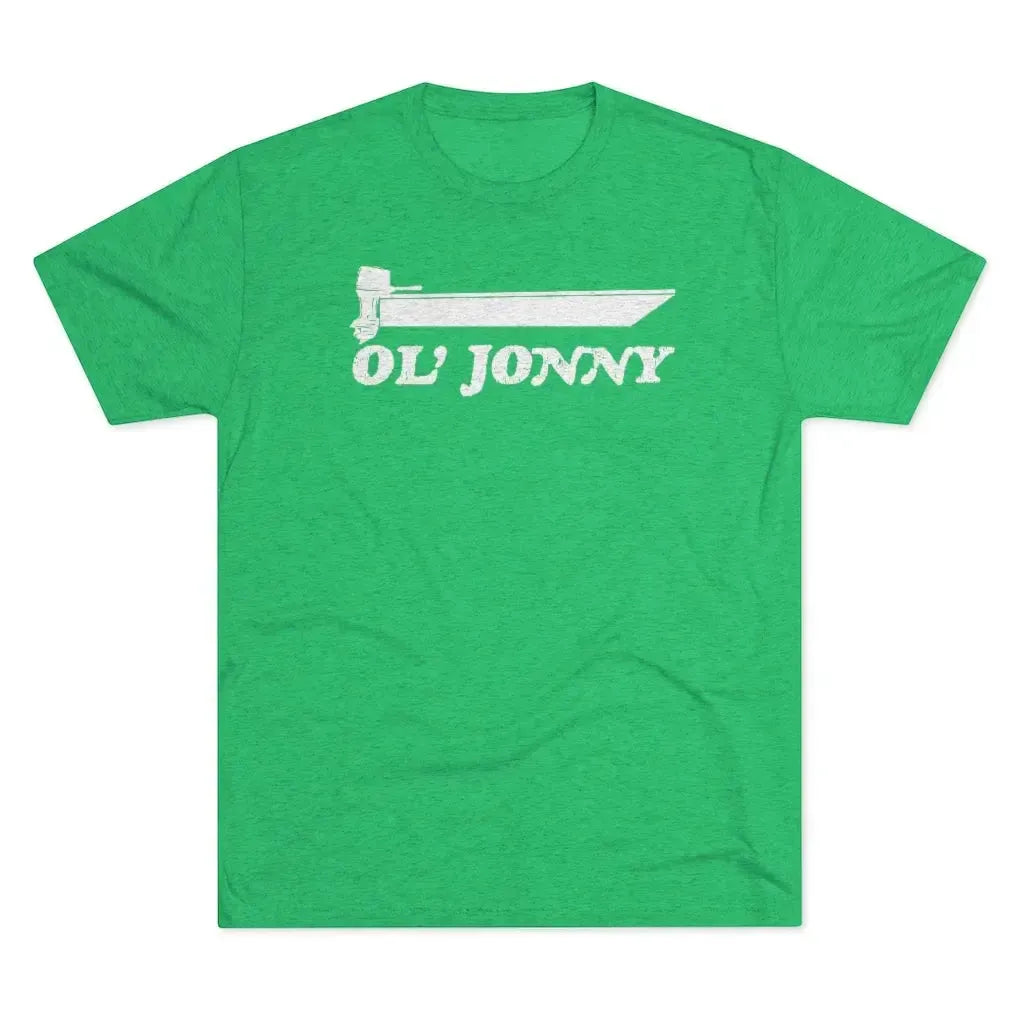 Green tri-blend tee with white "Ol' Jonny" boat graphic.