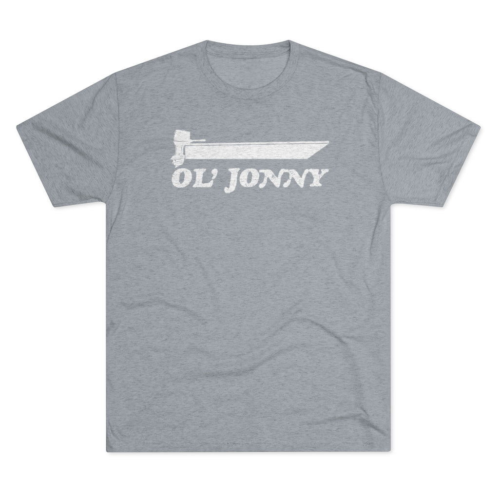 Light gray tri-blend tee with "Ol' Jonny" and a boat graphic in white.