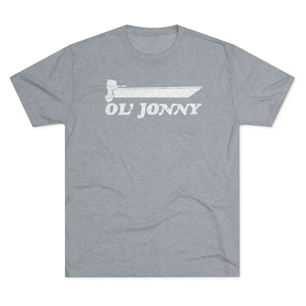 Light gray tri-blend tee with "Ol' Jonny" and a boat graphic in white.