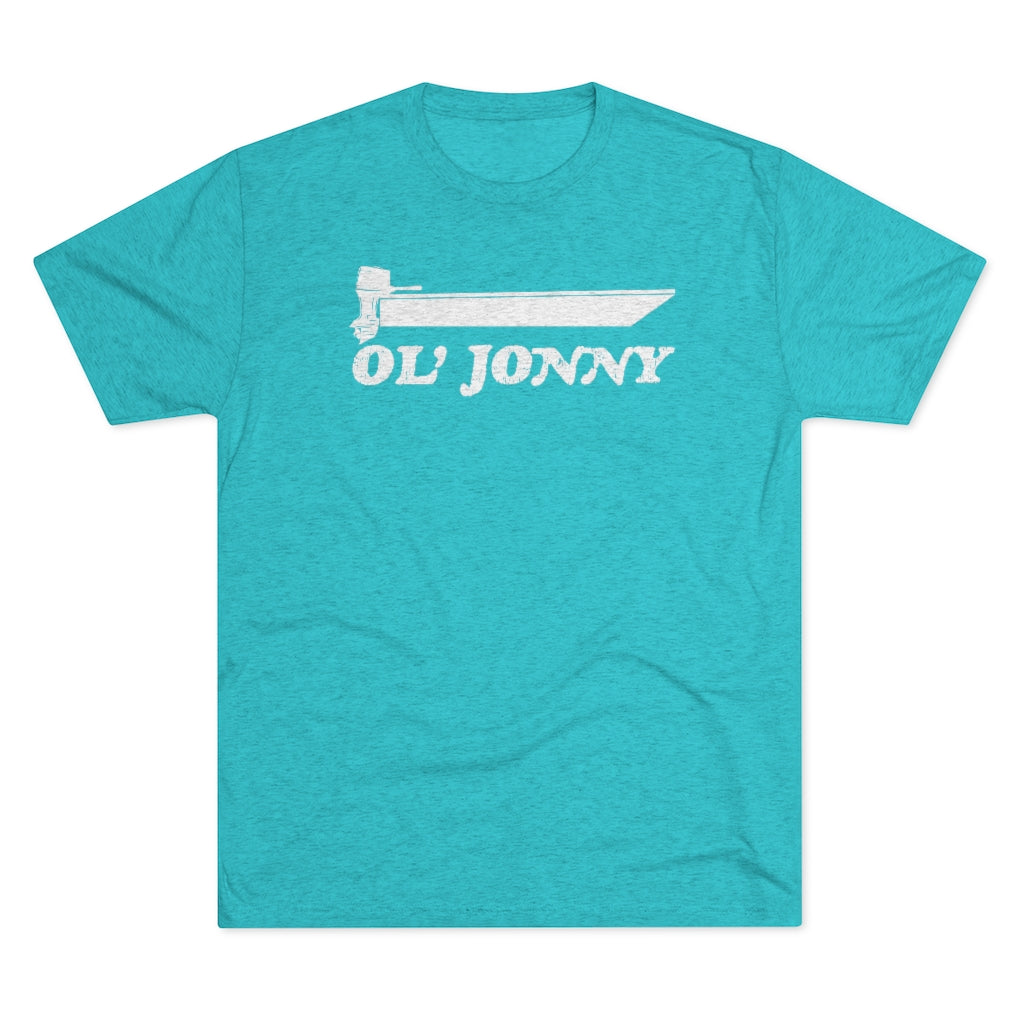 Ol' Jonny teal tri-blend regular fit tee with white boat and outboard graphic.