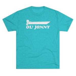Ol' Jonny teal tri-blend regular fit tee with white boat and outboard graphic.