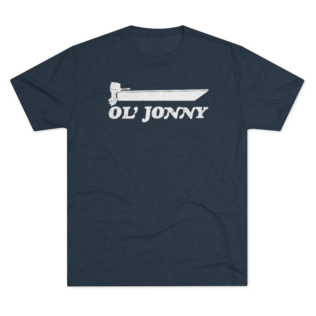 Dark navy tri-blend tee with a white distressed "Ol' Jonny" boat graphic.