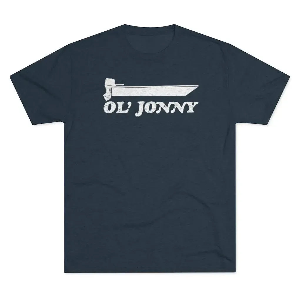 Dark navy tri-blend tee with a white distressed "Ol' Jonny" boat graphic.